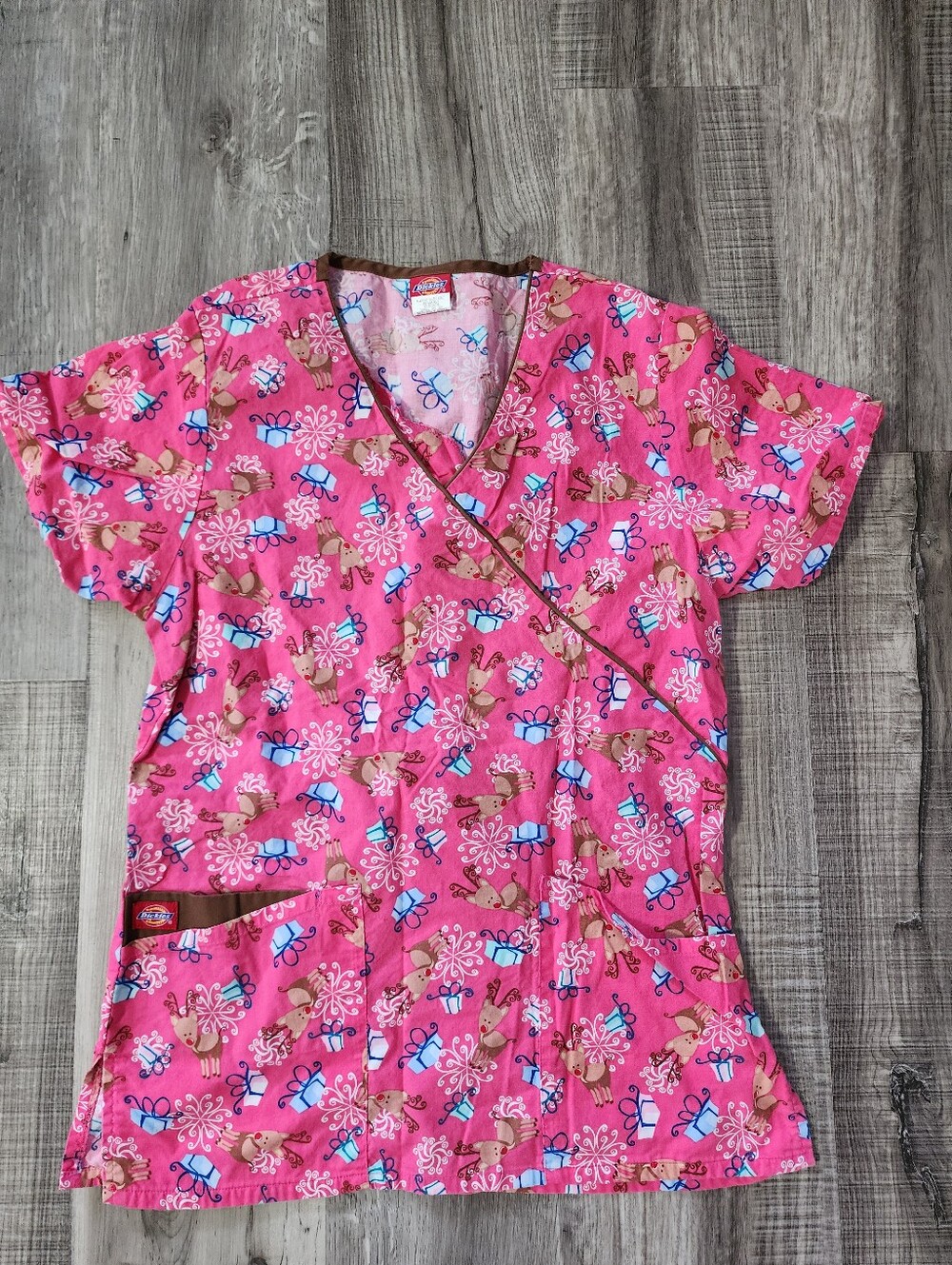 Women's Pink Reindeer  Printed Scrub Top